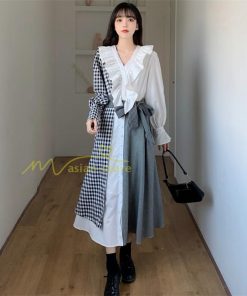 マキシ | ロングワンピース 秋物 レディース ミモレ丈 Aラインワンピース 切り替え フェイク レイヤード風 チェック柄 着やせ お呼ばれワンピース 重ね着風 30代40代