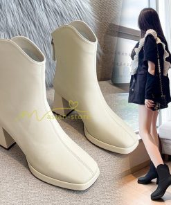 ショートブーツ | ブーツ レディース シューズ 靴 太ヒール チャンキーヒール ブーティー スクエアトゥ 合皮ブーツ コスプレ 後ろファスナー PUブーツ くつ COS