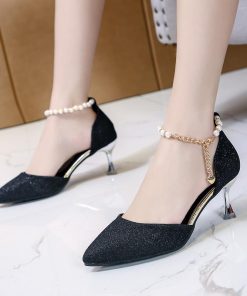 パンプス | ストラップサイドカット ポインテッドトゥ ピンヒール ストラップ 大きいサイズ 靴 黒 滑り止めソール シューズ 30代 ミドルヒール