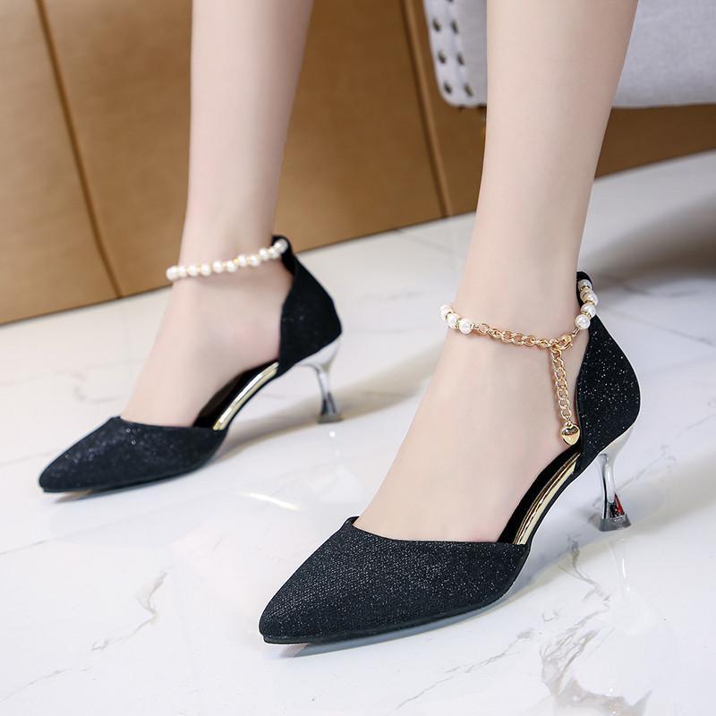 パンプス | ストラップサイドカット ポインテッドトゥ ピンヒール ストラップ 大きいサイズ 靴 黒 滑り止めソール シューズ 30代 ミドルヒール