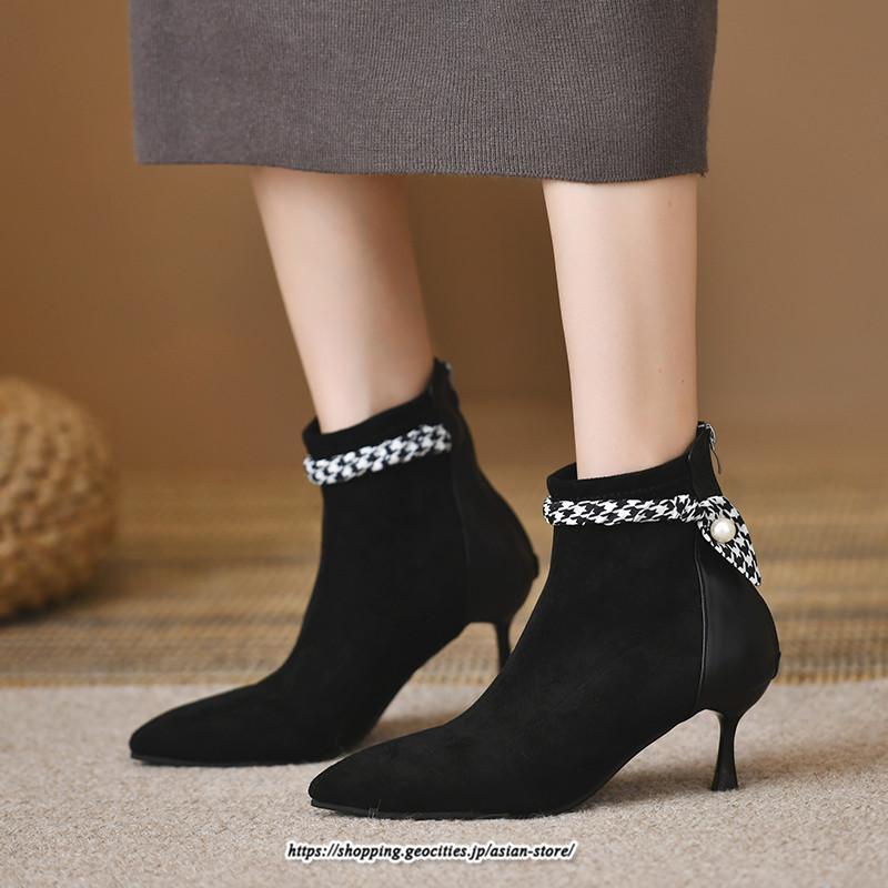 ブーツ | ブーティ ショート レディース ピンヒール 痛くない ファスナー 疲れない 歩きやすい 暖かい 秋冬 飾り 外出 お出かけ デート 女子会 二次会