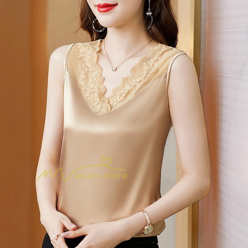 キャミソール タンクトップ | トップス タンクトップ レディース ノースリーブ Vネック Vネックタンク 20代30代40代50代 ママ 母 インナー カジュアル お出かけ カシュクール レース付き