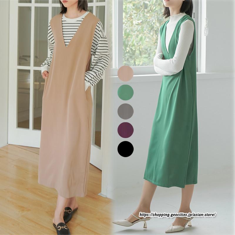 ノースリーブ | タンクワンピース 秋物 レディース ワンピース サイドポケット Vネック バックスリット入れ 20代50代 通学通勤 無地 大人 2022秋冬