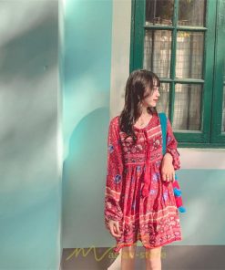 ミニ丈 | ワンピース レディース 春 夏 長袖 膝上 ショート 民族風 花柄 エスニック ボヘミアン 高品質 海外旅行 海デート 着痩せ Vネック レトロ リゾート カジュアル