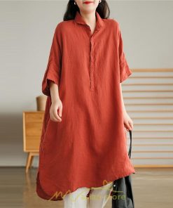 送料無料SALE | ワンピース 夏シャツ レディース 五分袖 シャツワンピース 綿麻 無地 プルオーバー 体型カバー ゆったり 大きめ 夏服 ポケット 30代40代 膝丈 おしゃれ 前後差
