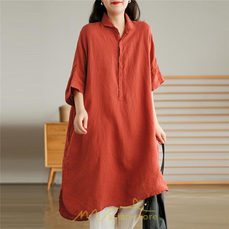 送料無料SALE | ワンピース 夏シャツ レディース 五分袖 シャツワンピース 綿麻 無地 プルオーバー 体型カバー ゆったり 大きめ 夏服 ポケット 30代40代 膝丈 おしゃれ 前後差