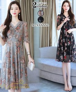 ミディアム | Aラインワンピース レディース 着痩せ 花柄 きれいめ おしゃれ 上品 20代 30代 40代 Vネック エレガント ワンピース 膝丈 上品 ミディアムワンピース サマー