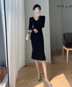 ニットワンピース | ニット ワンピース ロング Vネック ニットワンピ 長袖 ブラック 2022秋冬 ブルー マーメイド フリル セクシー 通勤 おしゃれ キレイめ ミモレ丈 上品