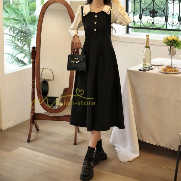 マキシ | ドッキングワンピース 秋 レディース 長袖ワンピ 切替 フェイク レイヤード風 重ね着風 Aラインワンピース 着痩せ ワンピース 可愛い 大人 二次会 30代40代