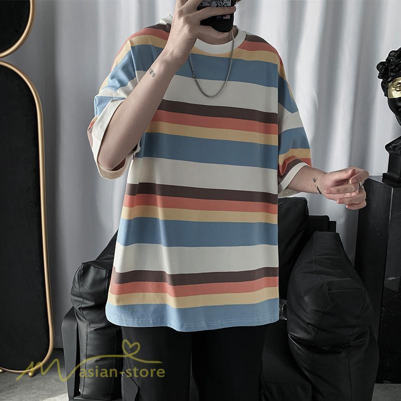 Tシャツ | カットソー メンズ ストライプ カジュアルクルーネック 5分袖 ワイドトップス メンズスタイル カッコウイイ 夏服 上品 日常感