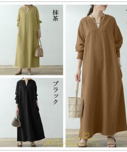 マキシ | ワンピース レディース 春 秋 長袖 ロングワンピース スカート マキシ丈 秋冬 通勤着 可愛い ゆったり 体型カバー 20代 50代 着痩せ 綿麻 30代 ｖネック 40代