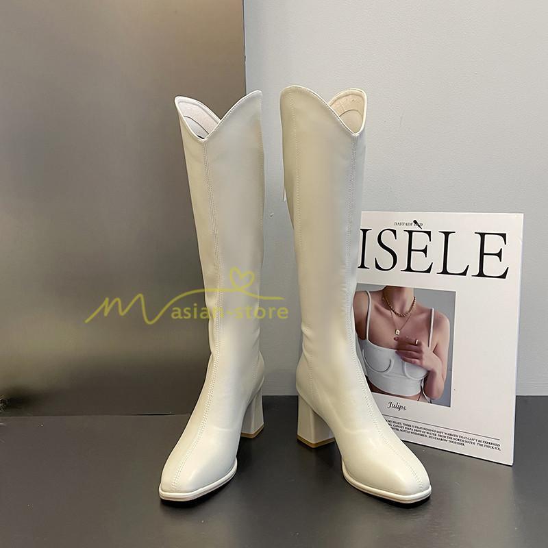 ロングブーツ | レディース ブーツ 秋冬 シューズ 靴 太ヒール チャンキーヒール 合皮ブーツ PUブーツ ロング靴 後ろファスナー COS くつ 大人 コスプレ