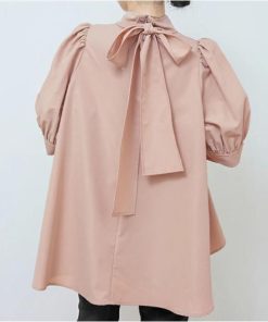 シャツ・ブラウス | ブラウス レディース 半袖 パフスリーブ ノーカラー ハイネック リボン 後ろリボン フォーマル 春夏 2way フレア 20代30代40代50代 通勤通学 蝶結び エレガント