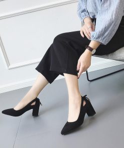 パンプス | スエード調 ポインテッドトゥ チャンキーヒール スエード太ヒール ストラップなし スリップオン バックリボン 無地 大きいサイズ ミドル