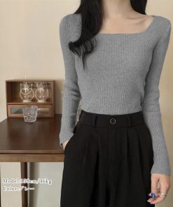 ニット・セーター | スクエアネック リブニットトップス 秋冬