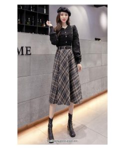 スカート | ロングミモレ レディース フレア Aライン ハイウエスト おしゃれ ゆったり ひざ下 体型カバー チェック柄 ラシャ ベルト付き 30代 20代 40代