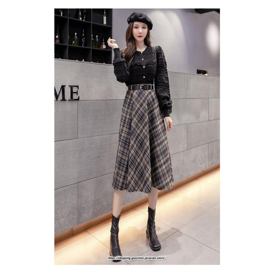 スカート | ロングミモレ レディース フレア Aライン ハイウエスト おしゃれ ゆったり ひざ下 体型カバー チェック柄 ラシャ ベルト付き 30代 20代 40代