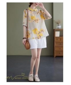 ｔシャツ・カットソー | Tシャツ Tシャツ プリント カジュアル 麻綿 リネン シャツ トップス サマーシャツ 襟付き カジュアル 大きいサイズ 夏コーデ 5分袖 麻綿 トレンド レディース