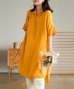 送料無料SALE | ワンピース 夏シャツ レディース 五分袖 シャツワンピース 綿麻 無地 プルオーバー 体型カバー ゆったり 大きめ 夏服 ポケット 30代40代 膝丈 おしゃれ 前後差