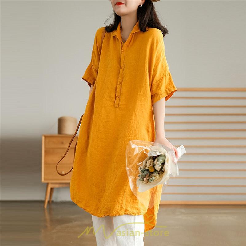 送料無料SALE | ワンピース 夏シャツ レディース 五分袖 シャツワンピース 綿麻 無地 プルオーバー 体型カバー ゆったり 大きめ 夏服 ポケット 30代40代 膝丈 おしゃれ 前後差
