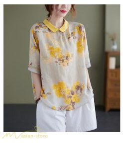 ｔシャツ・カットソー | Tシャツ Tシャツ プリント カジュアル 麻綿 リネン シャツ トップス サマーシャツ 襟付き カジュアル 大きいサイズ 夏コーデ 5分袖 麻綿 トレンド レディース