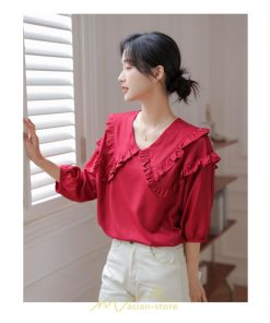 シャツ・ブラウス | トップス ブラウス 七分袖 シャツ きれいめ レディース 夏 白 赤 クルーネック フリル 春夏コーデ オフィス お仕事 通勤 就活 お出かけ ビジネス カジュアル