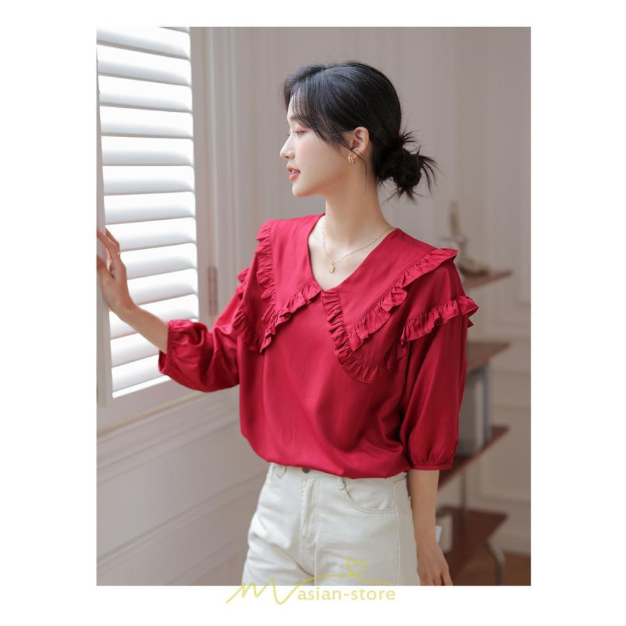 シャツ・ブラウス | トップス ブラウス 七分袖 シャツ きれいめ レディース 夏 白 赤 クルーネック フリル 春夏コーデ オフィス お仕事 通勤 就活 お出かけ ビジネス カジュアル