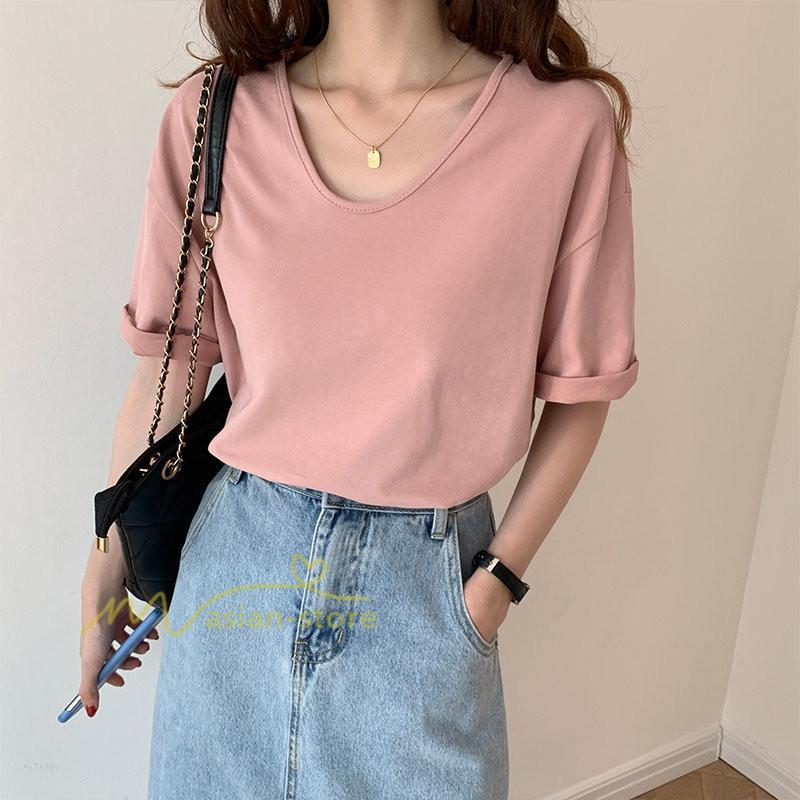 tシャツ・カットソー | Tシャツ ティーシャツ トップス カットソー レディース 春 夏 半袖 無地 綿 スリット 20代30代40代50代 お出かけ 体型カバー 通勤通学 着回し カジュアル 上品