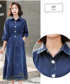 デニムワンピース | レディース デニム ワンピース マーメイド 長袖 秋 5分袖 カジュアル シャツワンピース カジュアル ロング丈 レトロ風 ポケット 着痩せ