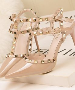 サンダル | ハイヒール キャバパンプス レディース パーティー アンクルストラップ結婚式靴 スタッズpumpsポインテッドトゥ サンダルパンプス