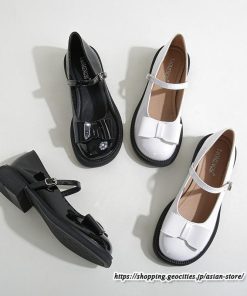 パンプス | ラウンドトゥ ストラップ 厚底 レディースシューズ 太ヒール ぺたんこ ベーシック 黒白蝶 無地 靴 26.5cm 上品 大きいサイズ 大人