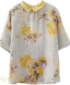 ｔシャツ・カットソー | Tシャツ Tシャツ プリント カジュアル 麻綿 リネン シャツ トップス サマーシャツ 襟付き カジュアル 大きいサイズ 夏コーデ 5分袖 麻綿 トレンド レディース