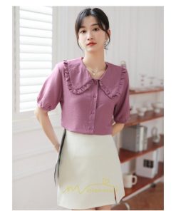 シャツ・ブラウス | ブラウス シフォン トップス レディース 白 紫 夏ブラウス シフォンブラウス 半袖 オフィス 春夏 クルーネック お出かけ 着痩せ 華奢見え フリル