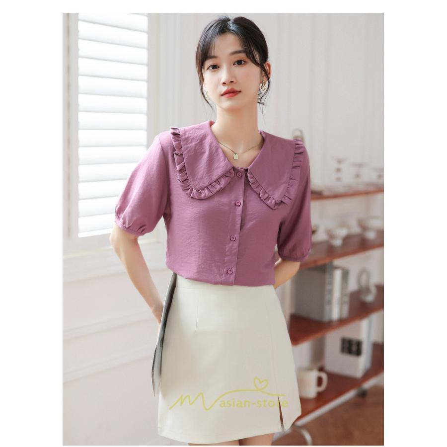 シャツ・ブラウス | ブラウス シフォン トップス レディース 白 紫 夏ブラウス シフォンブラウス 半袖 オフィス 春夏 クルーネック お出かけ 着痩せ 華奢見え フリル