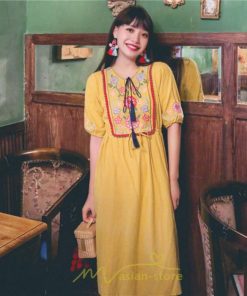 マキシ | ワンピース レディース 刺繍 綿麻 レトロ調 インスタ映え ナチュラル エスニック風 民族風 ボヘミアン 柔らかい SNS映え リゾート 赤 黄色 撮影 白