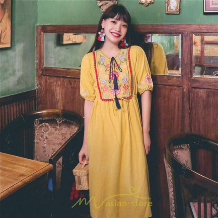 マキシ | ワンピース レディース 刺繍 綿麻 レトロ調 インスタ映え ナチュラル エスニック風 民族風 ボヘミアン 柔らかい SNS映え リゾート 赤 黄色 撮影 白