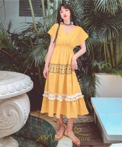 マキシ | ワンピース エスニック 綿麻 エスニックファッション 春ワンピ 夏ワンピ コットン リネン かわいい おしゃれ ハイウエスト バカンス 刺繍 Vネック リゾート 旅行