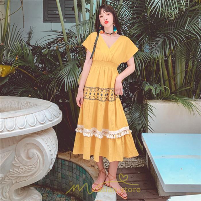 マキシ | ワンピース エスニック 綿麻 エスニックファッション 春ワンピ 夏ワンピ コットン リネン かわいい おしゃれ ハイウエスト バカンス 刺繍 Vネック リゾート 旅行