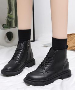 ショートブーツ | ラウンドトゥレディース サイドファスナー レースアップ 厚底シューズ 滑り止めソール チャンキーヒール 太ヒール シューズ ブーツ 厚底 黒