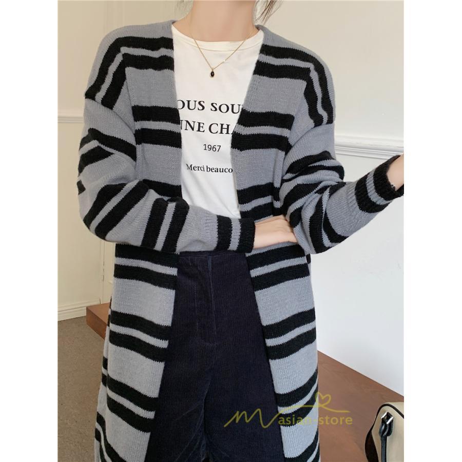 カーディガン | ロングニット2022秋冬 レディース アウター ボーダー 羽織り 長袖 ニット ニットカーデ セーター 大人 通学通勤 20代40代