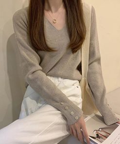 ニット・セーター | ボタン飾り 秋冬 無地 ニットトップス レディース 長袖 ニットセーター シンプルニット プルオーバー きれいめ Vネック