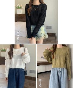 透かし編みトップス | 透かし編み 長袖ニットトップス 韓国風
