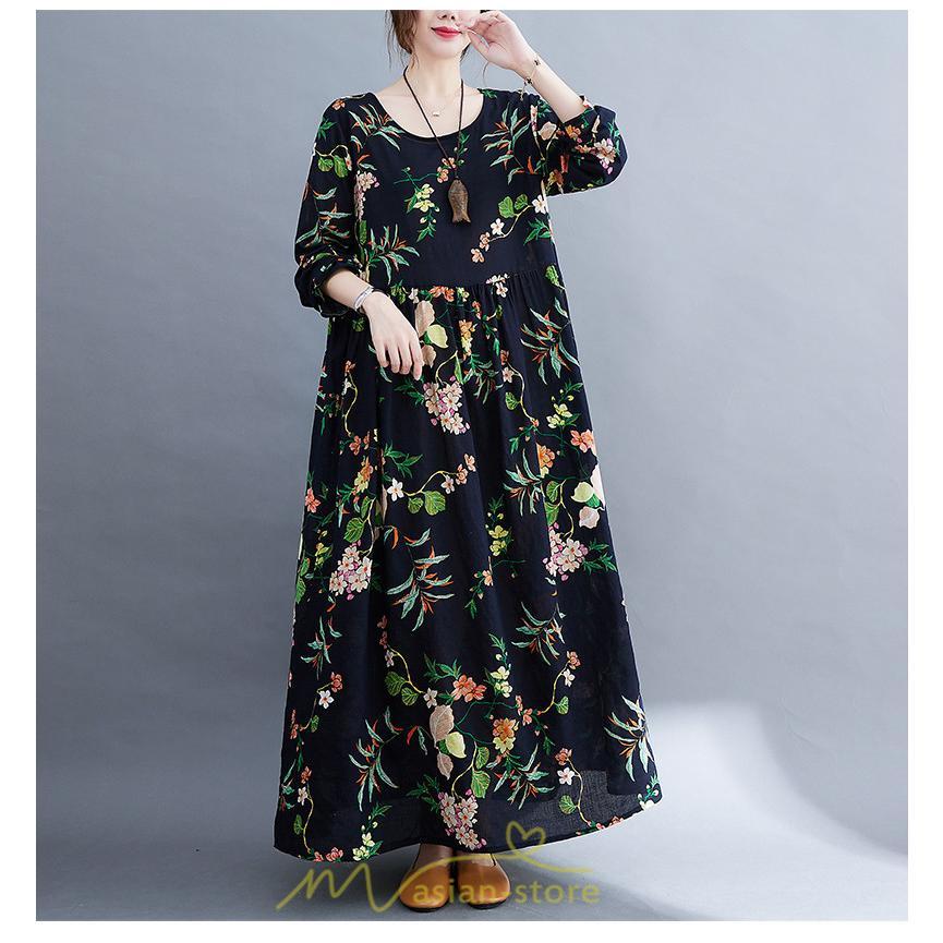マキシ | 長袖ワンピース 秋物 レディース ロングワンピース 花柄 夏 30代40代 大人 秋ワンピース 新作 ワンピース Aラインワンピ ゆったり 旅行 広い裾 可愛い 揺れる