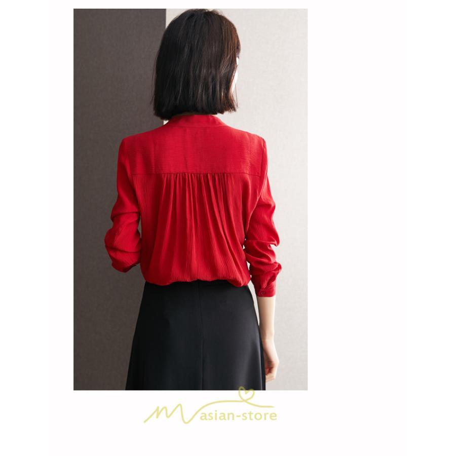 シャツ・ブラウス | ブラウス レディース シャツ トップス 赤 長袖シャツ 無地 オフィス カジュアル おしゃれ シフォン 通勤 フリル 可愛い オシャレ キレイめ ナチュラル 上品