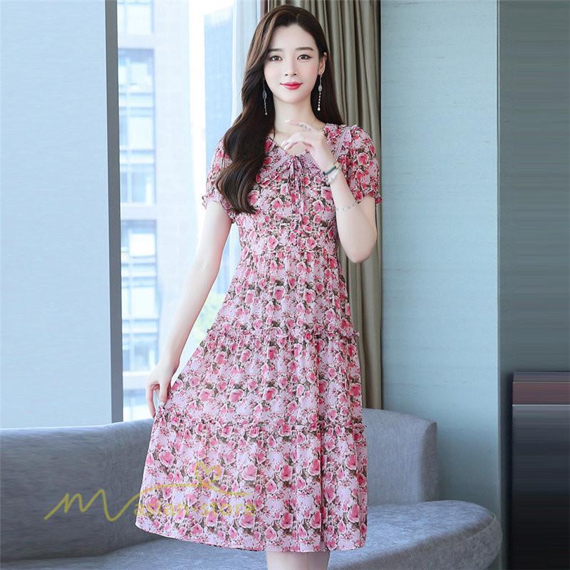 ミディアム | ワンピース レディース Aライン カジュアル Vネック サマー 半袖 ひざ丈 ミディアムワンピース 大きいサイズ 上品 花柄 着痩せ サマーワンピース 夏服