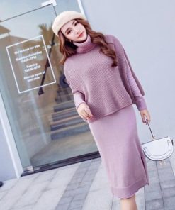 在庫ある | 短納期ニットワンピース ニットトップス 2点セット セットアップ タイトワンピース 裾スリット ハイネックショート丈トップス 長袖 シルエット OL カットソー