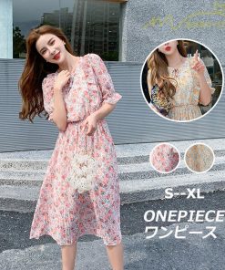 ミディアム | ワンピース プリーツフレア フェミニン Aライン リボンデザイン 小花柄 リゾートワンピ ウエストゴム ハイウエスト 2020新制作 ピンタック 夏コーデ 薄手