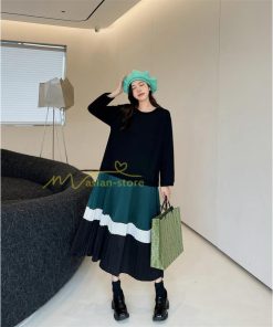 マキシ | 切り替えワンピース ドッキングワンピース 秋 レディース 裾プリーツワンピース ロングワンピース ゆったり 大きいサイズ 長袖 可愛い 秋物 大人 30代50代
