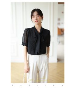 シャツ・ブラウス | ブラウス レディース おしゃれ きれいめ 半袖ブラウス カジュアル 無地 フォーマル オフィス オフホワイト 黒 シフォン OL 蝶結び 通勤 新作 お出かけ ビジネス