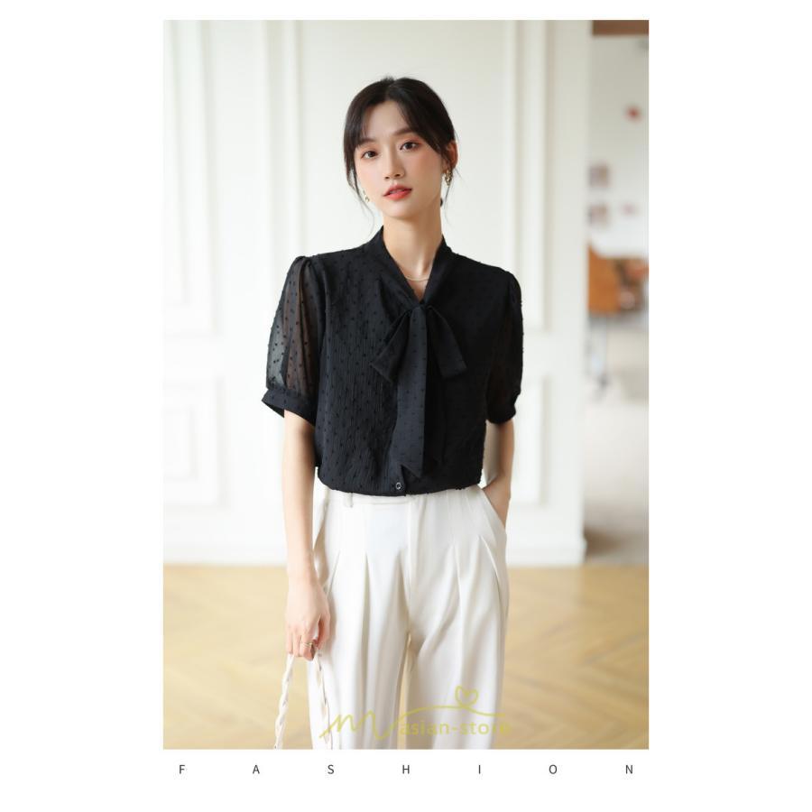 シャツ・ブラウス | ブラウス レディース おしゃれ きれいめ 半袖ブラウス カジュアル 無地 フォーマル オフィス オフホワイト 黒 シフォン OL 蝶結び 通勤 新作 お出かけ ビジネス